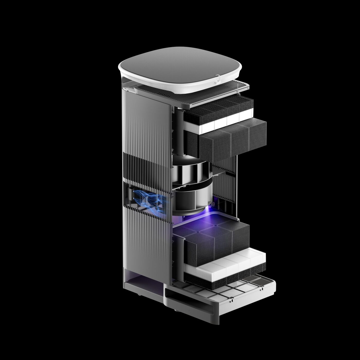 Q80 exploded view — layered filtration, fan and UV